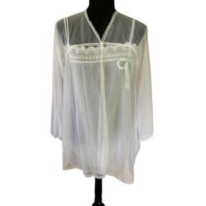 Vintage Olga Sheer White Peignoir Robe w/ Lace Trim Blue Bow Detail  Size Small